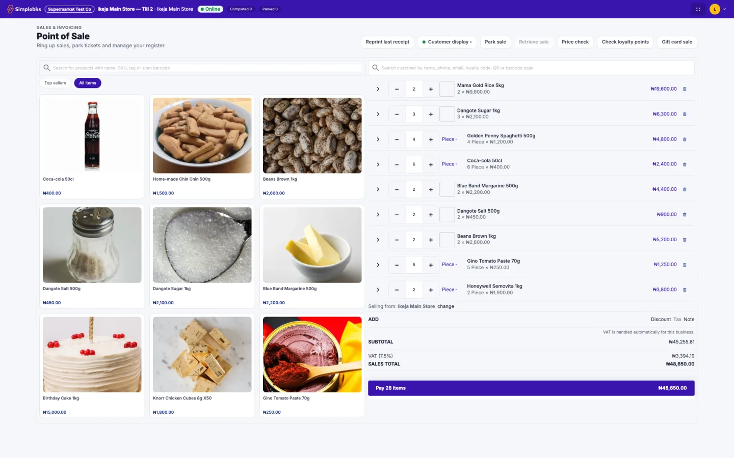 Simplebks till with a multi-line cart, VAT worked out and the Pay button ready