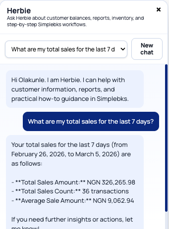 Herbie assistant chat answering sales questions with report-based insights