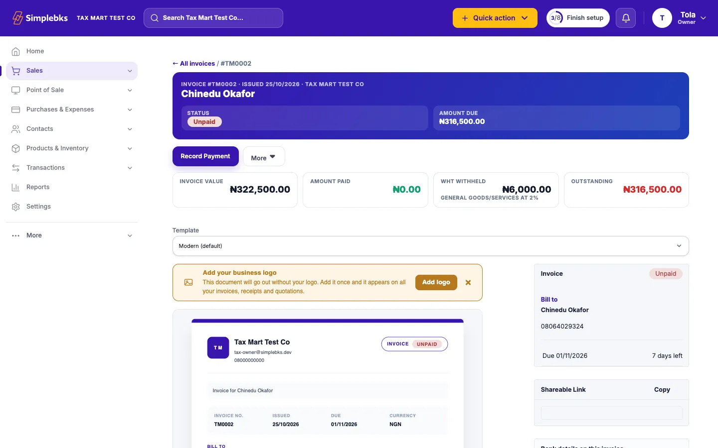 Simplebks invoice with 2% withholding tax shown, amount paid and outstanding, and a template picker