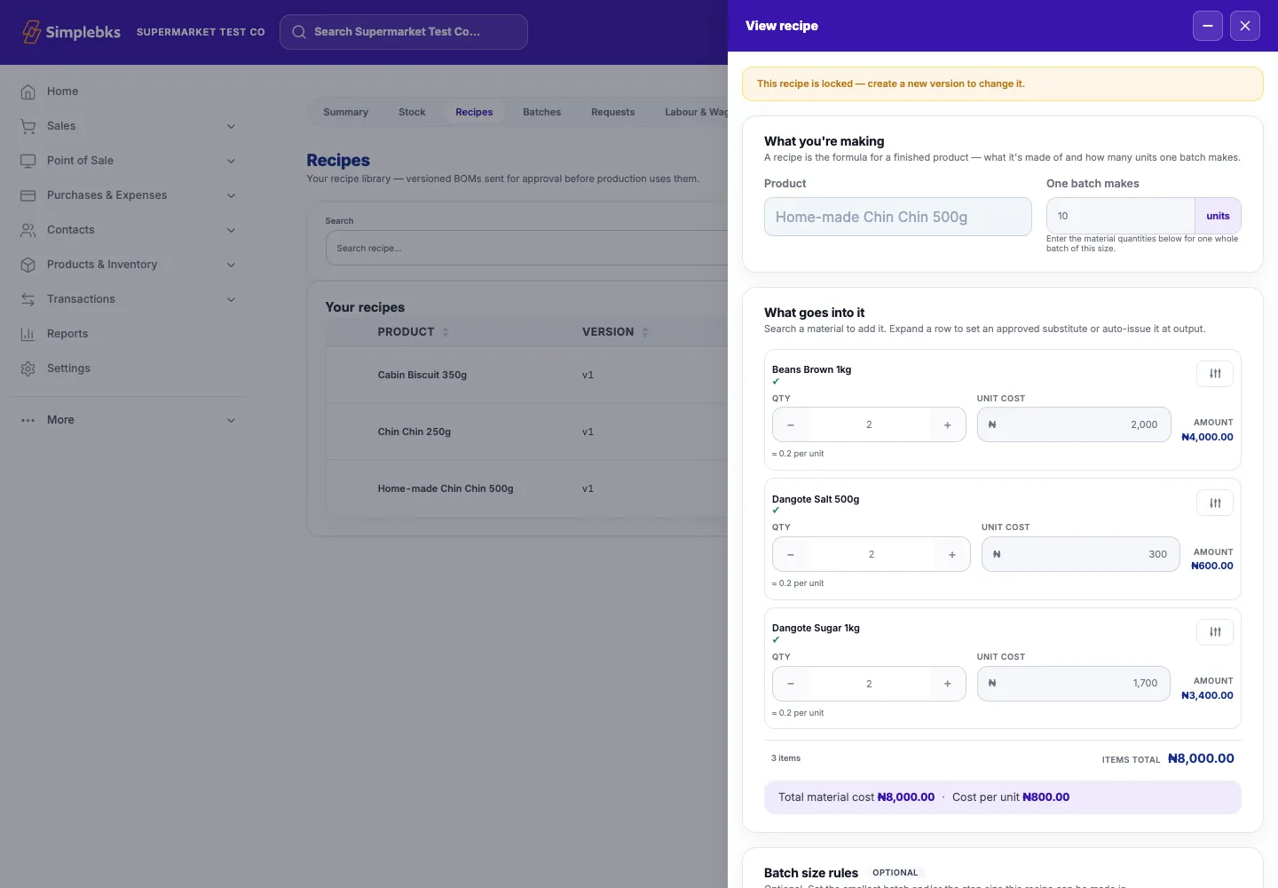 Simplebks production screen with a recipe, its materials and the cost of a batch