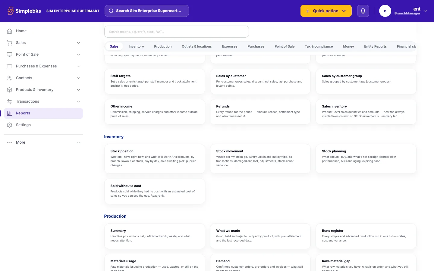 Simplebks reports hub with report cards grouped by Sales, Inventory and Production and a tab strip to jump between groups